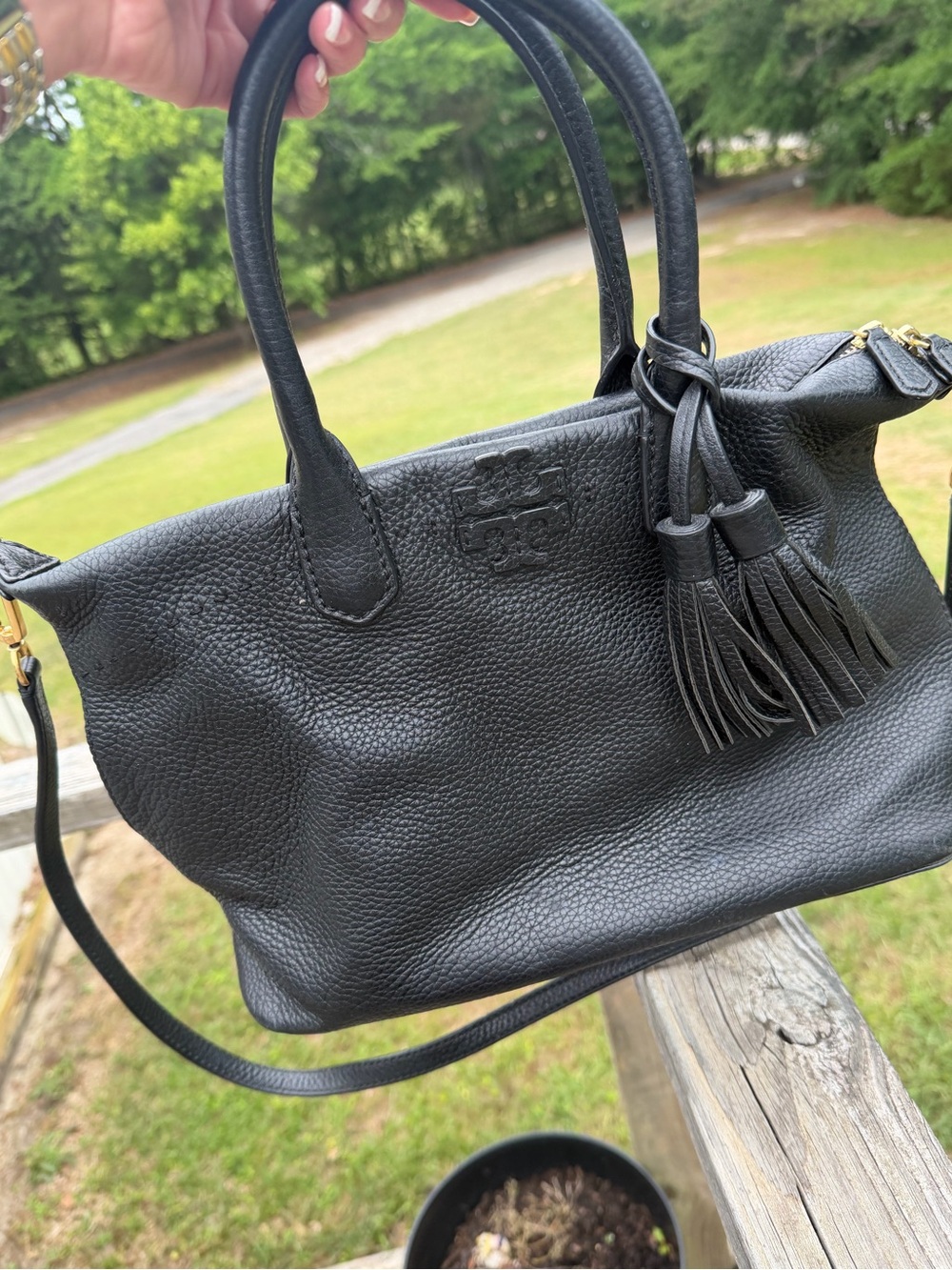 Tory Burch Black Pebbled Leather Tassel Satchel